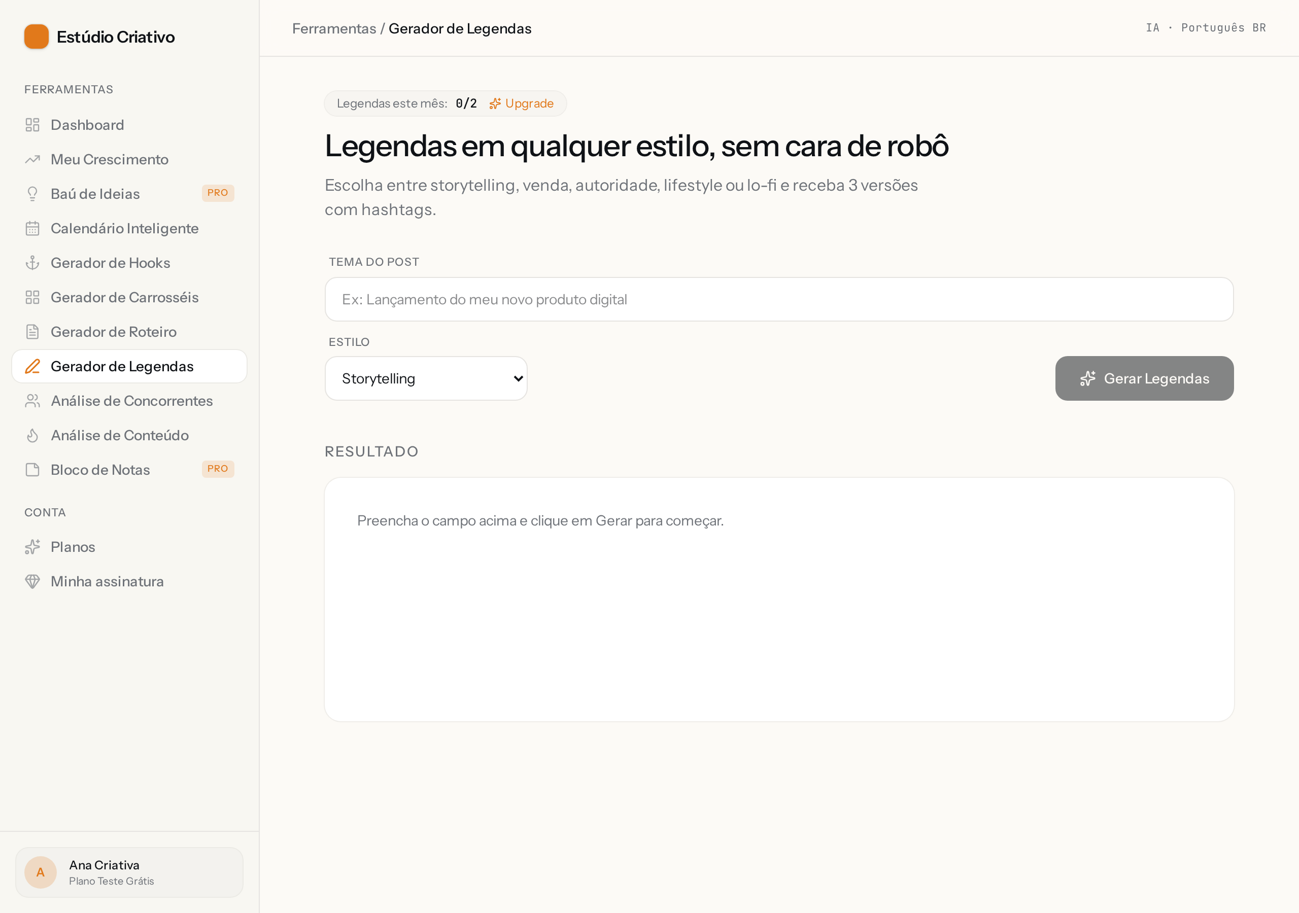 Print da tela: Gerador de Legendas
